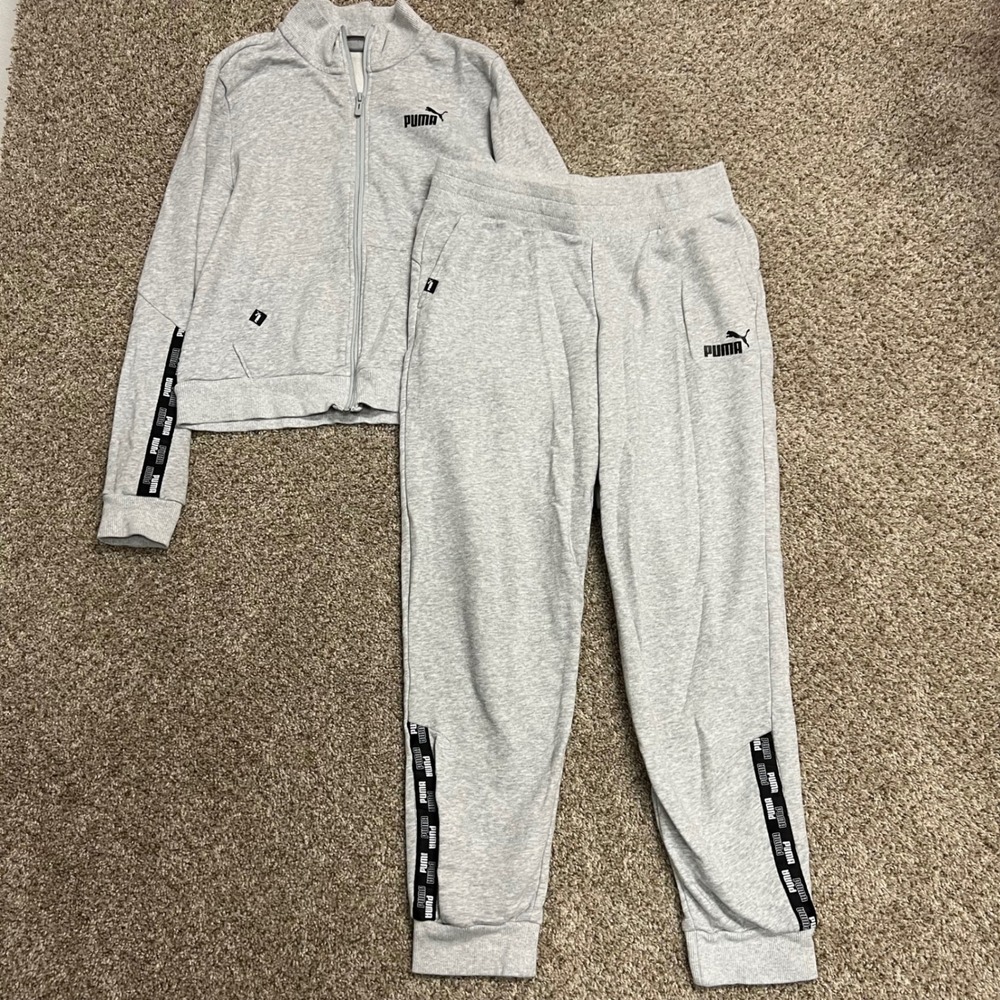 Puma Womens Tracksuit Set Gray Full Zip Jacket Jogger Pants Logo Size M